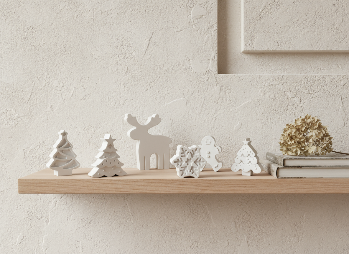 Atelier — Yılbaşı 3D Figür Seti – 6’lı Taş Tozu Dekor | Ren Geyiği, Çam Ağacı, Kar Tanesi, Kurabiye Adam