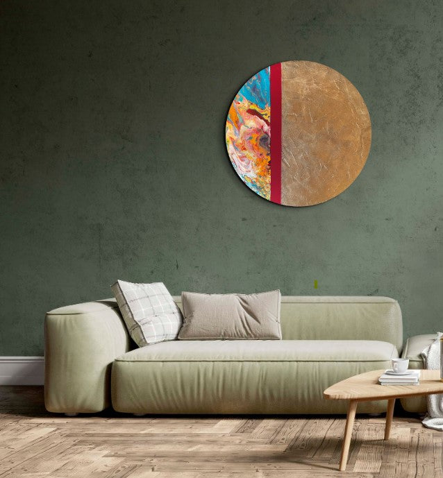 Eşik - Yuvarlak El Yapımı Mix Media Tablo 50 cm - Akrilik ve Dokulu Soyut Duvar Sanatı