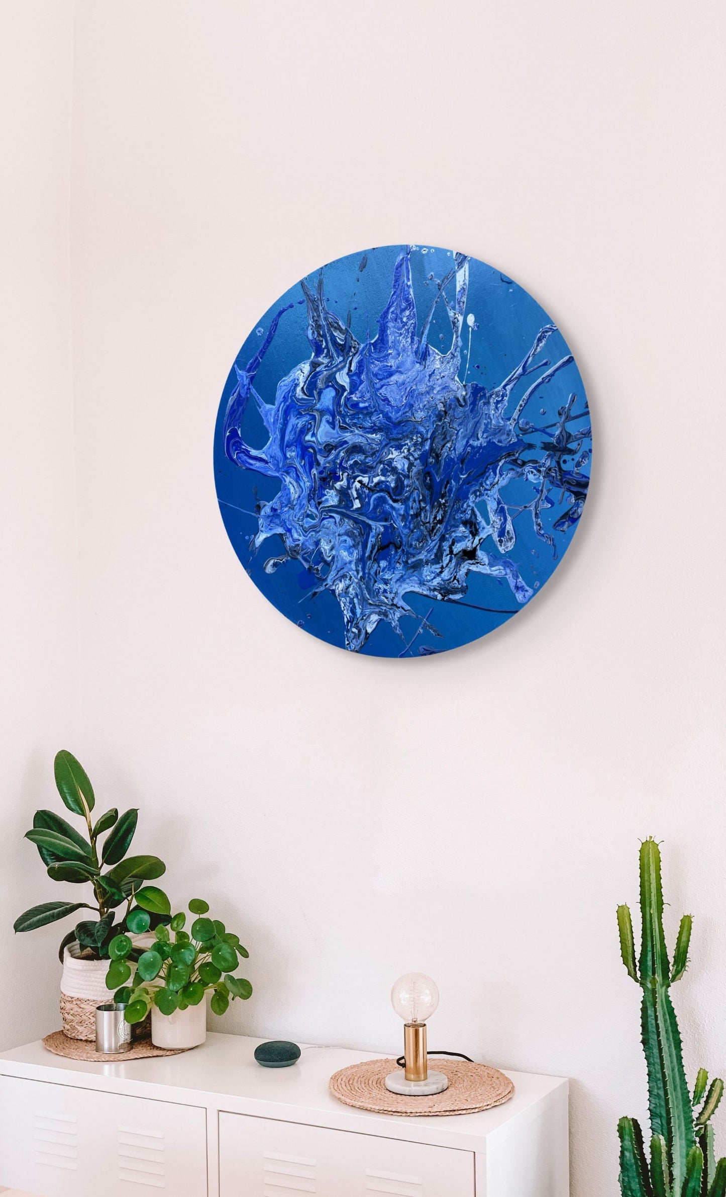 Mavi Patlama - Yuvarlak El Yapımı Soyut Akrilik Tablo 33 cm - Modern Duvar Sanatı