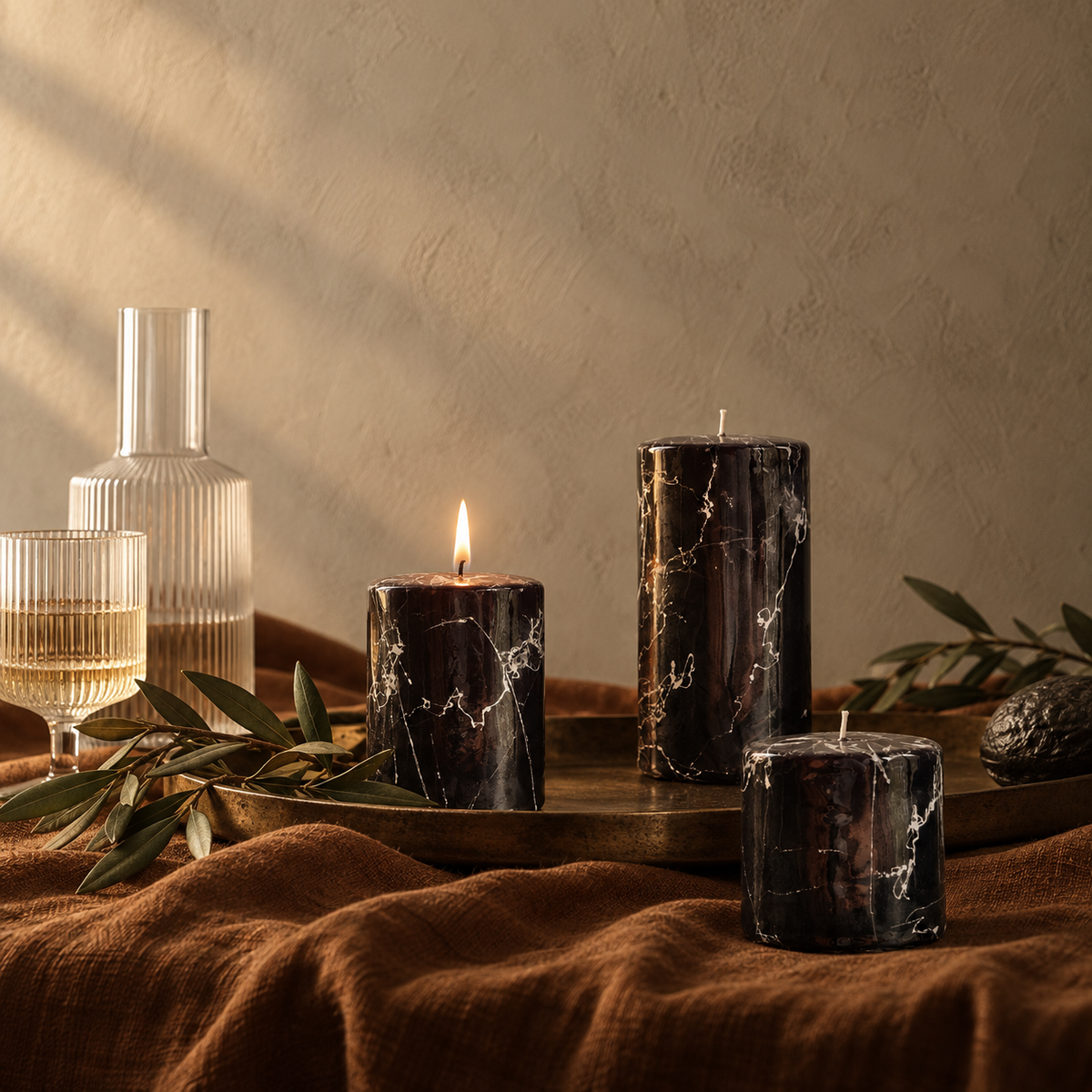 Black Marble-Pattern Pillar Candles — Set of 3