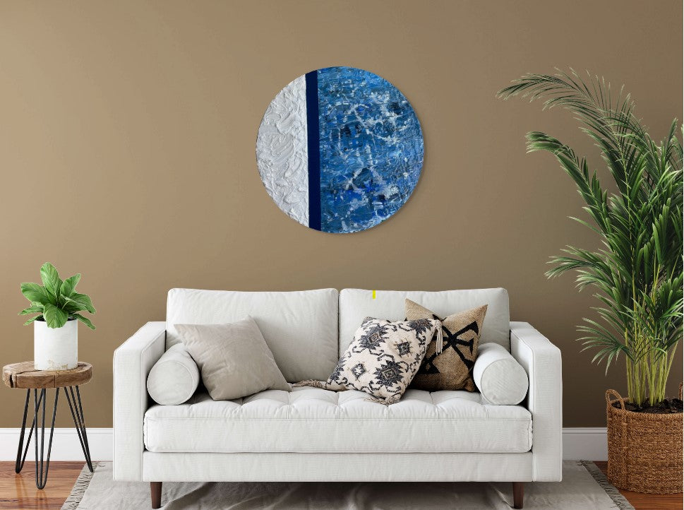 Okyanus Nefesi - Yuvarlak El Yapımı Soyut Tablo 50 cm - Mavi Tonlarda Mixed Media Duvar Sanatı