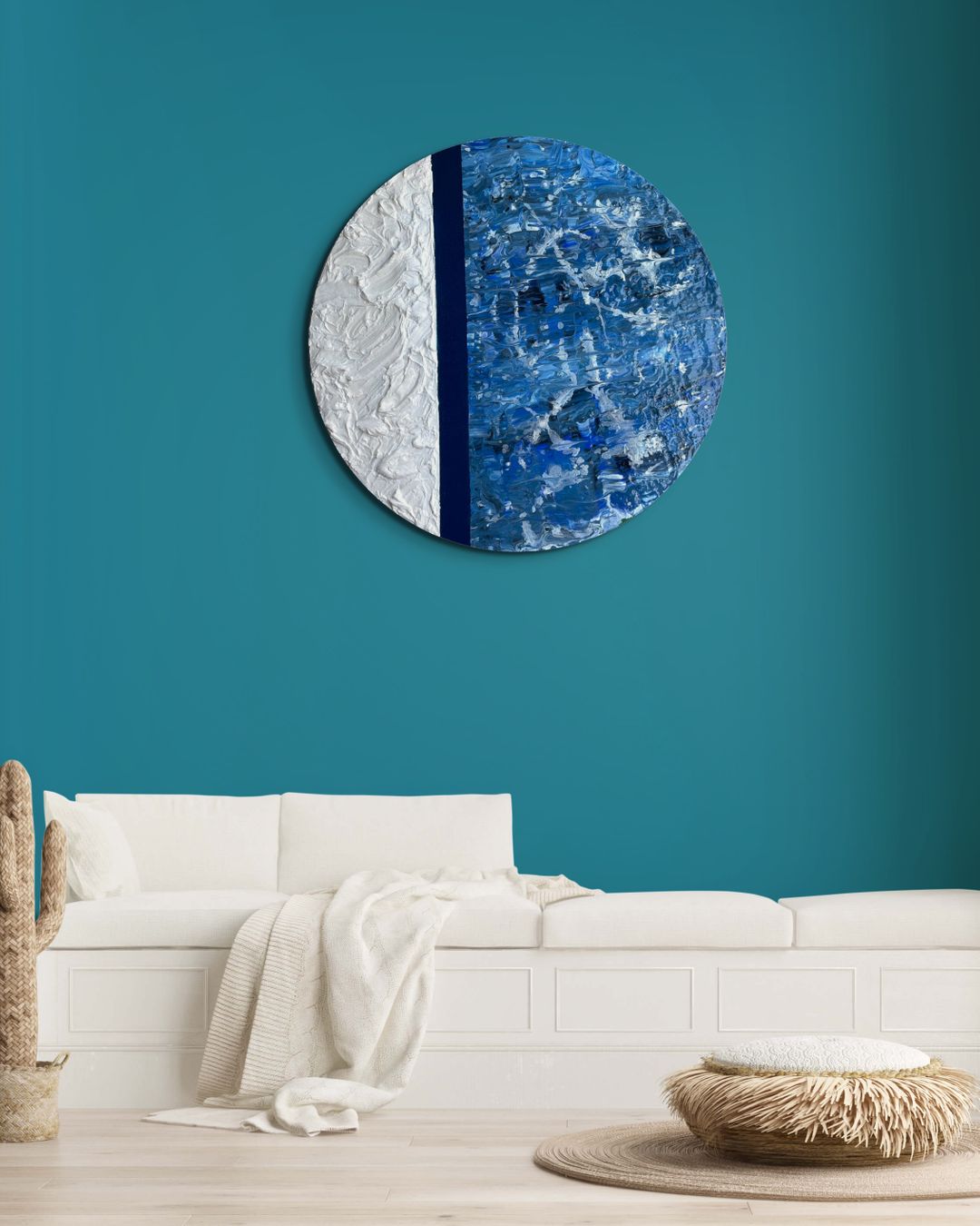 Okyanus Nefesi - Yuvarlak El Yapımı Soyut Tablo 50 cm - Mavi Tonlarda Mixed Media Duvar Sanatı