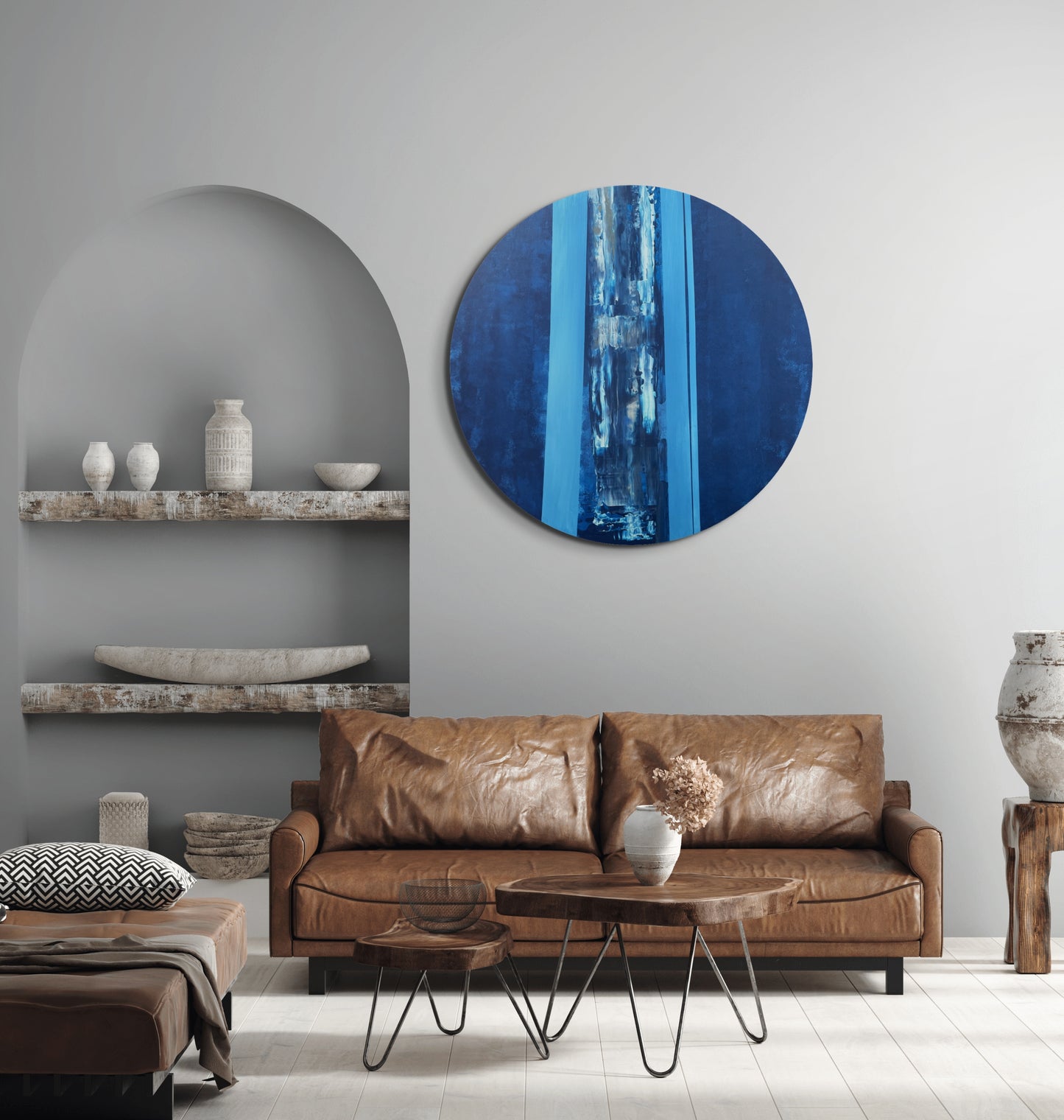 Perde Arası Manzara – Yuvarlak Akrilik Tablo 70 cm (Ahşap Panel, Pouring Detaylı)