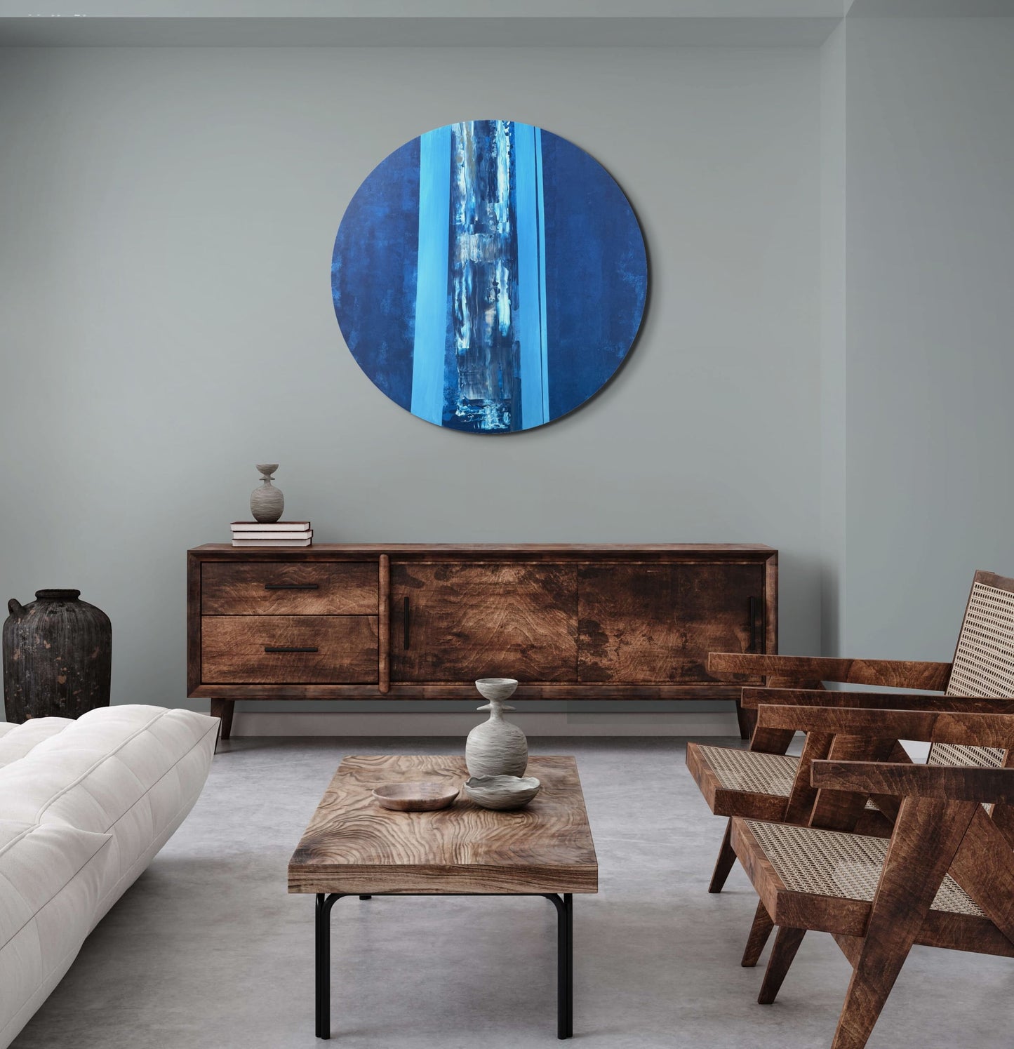 Perde Arası Manzara – Yuvarlak Akrilik Tablo 70 cm (Ahşap Panel, Pouring Detaylı)