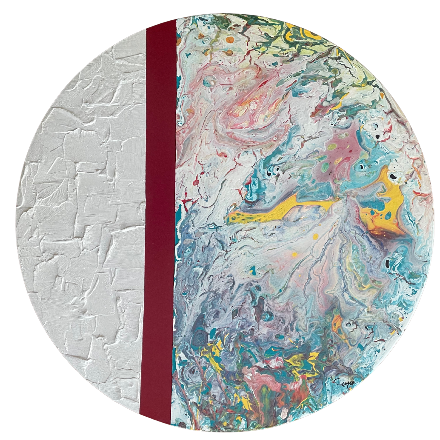 Eşik 1 – 50 cm Yuvarlak, Dokulu & Akrilik Pouring Mix Media Tablo, El Yapımı – Asılmaya Hazır