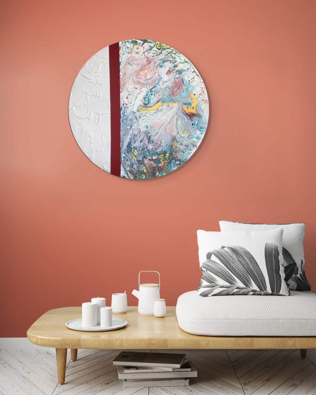 Eşik 1 – 50 cm Yuvarlak, Dokulu & Akrilik Pouring Mix Media Tablo, El Yapımı – Asılmaya Hazır