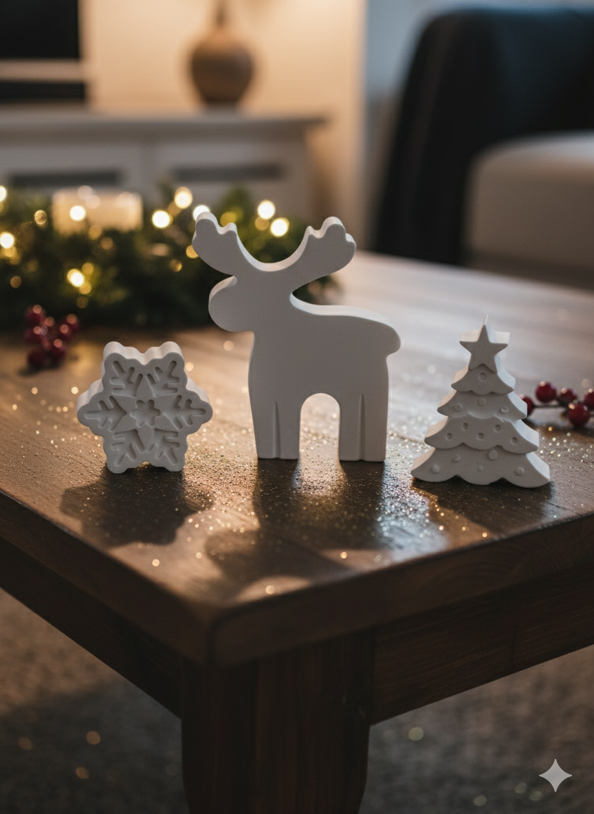 Atelier — Yılbaşı 3D Figür Seti – 3’lü Taş Tozu Dekor | Ren Geyiği, Çam Ağacı, Kar Tanesi