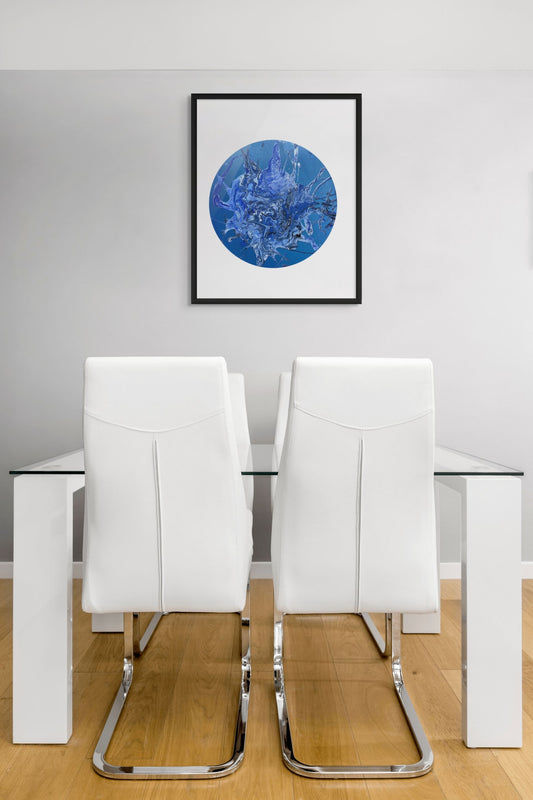 Mavi Patlama - Yuvarlak El Yapımı Soyut Akrilik Tablo 33 cm - Modern Duvar Sanatı