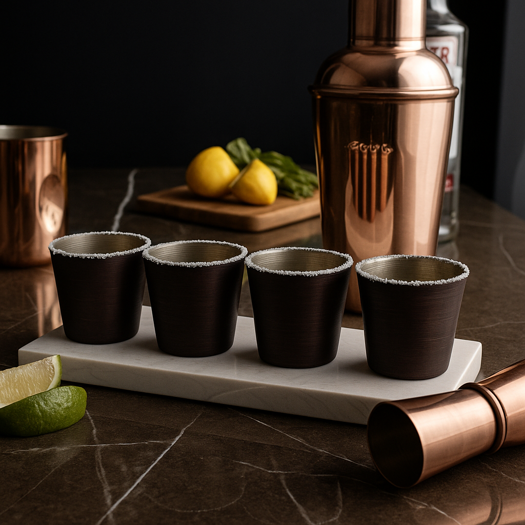 Lüks El Yapımı Oksit Bakır 4’lü Shot Bardağı Seti