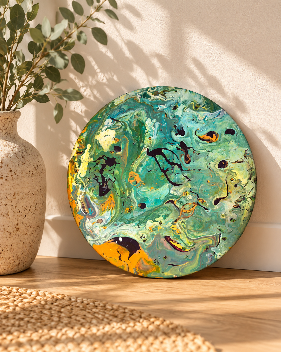 Akış 33 cm round handmade acrylic artwork in green, white and yellow.