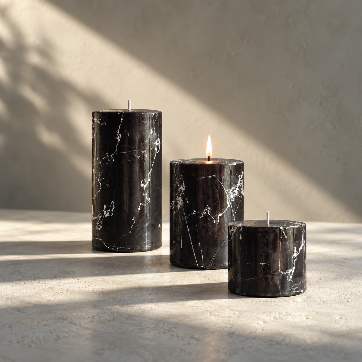 Black Marble-Pattern Pillar Candles — Set of 3