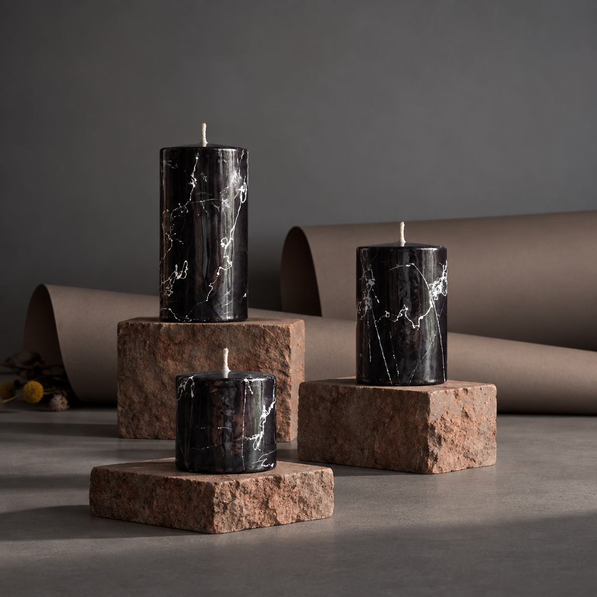 Black Marble-Pattern Pillar Candles — Set of 3