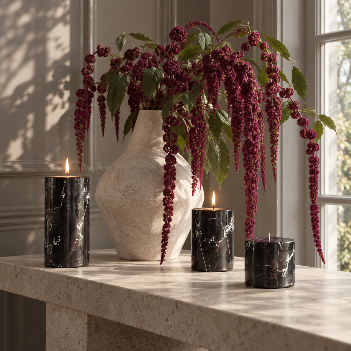 Black Marble-Pattern Pillar Candles — Set of 3