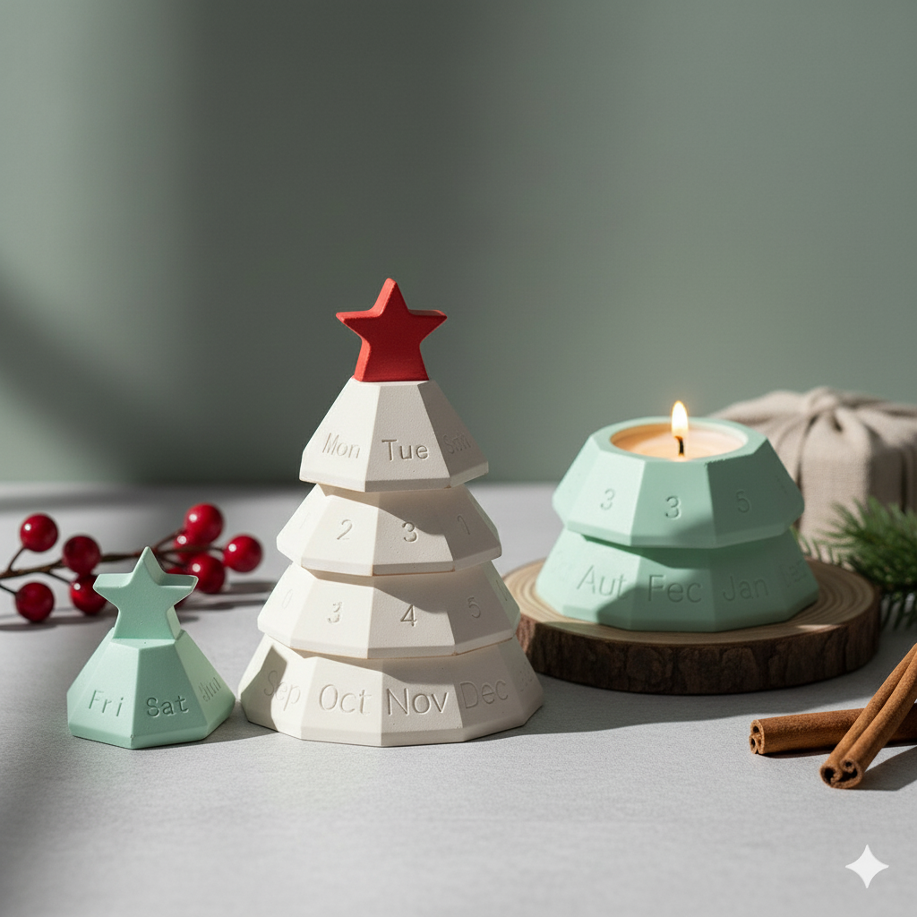 Atelier — 4 Katlı Gün-Ay-Tarih Gösteren Yılbaşı Objesi – Modüler Taş Tozu Obje