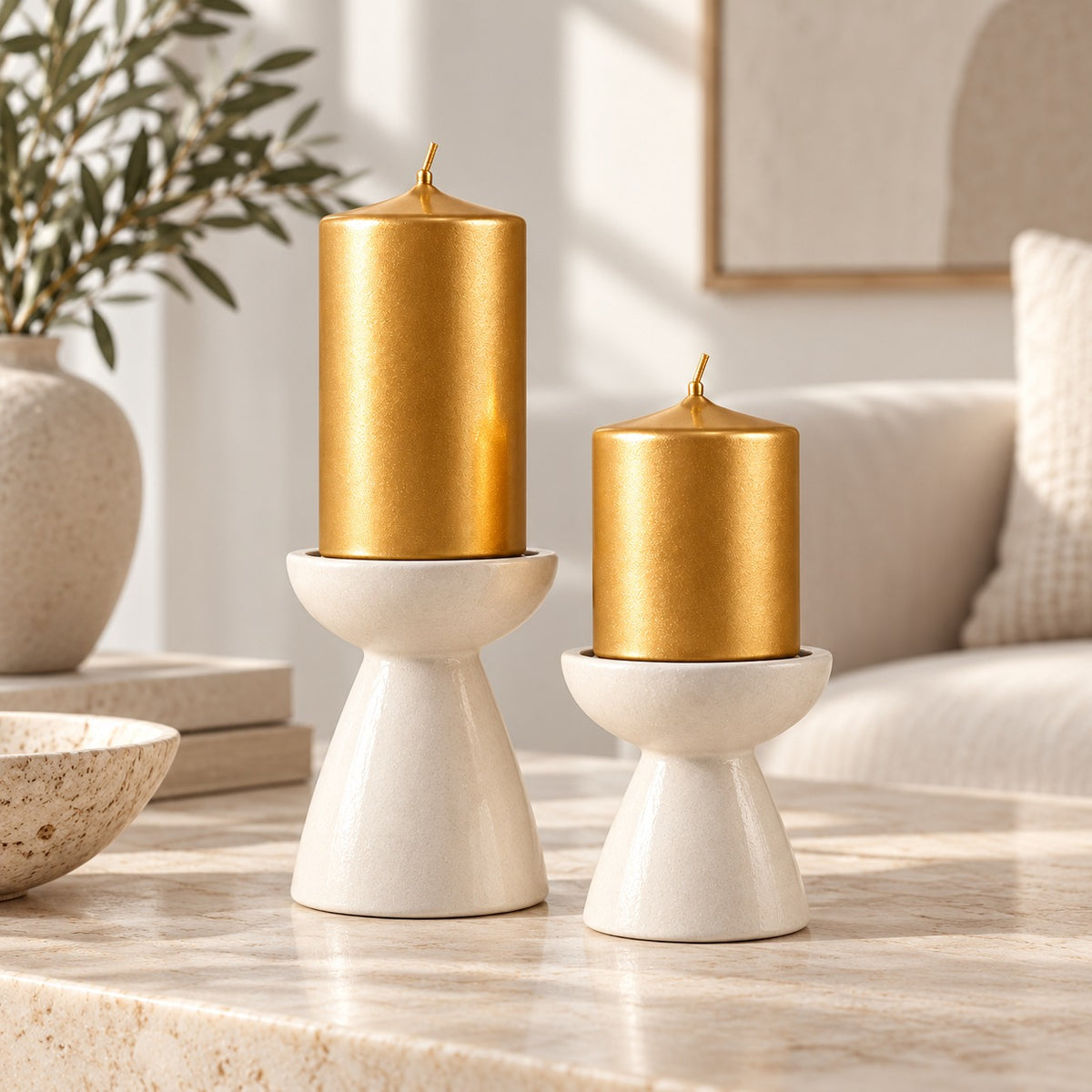 Altın sedefli 5x8 ve 5x10 cm silindir mumlar, krem seramik şamdanlarda konsol üzerinde