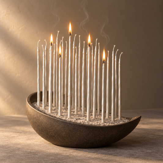 White patterned slim wish candles.
