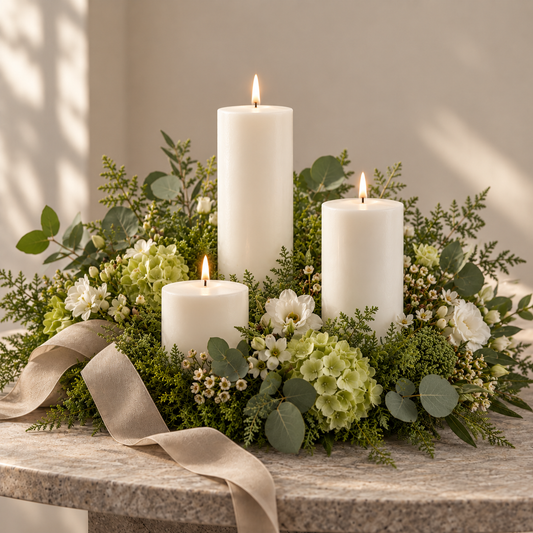 Three white pillar candles, 7 × 7, 7 × 12 and 7 × 20 cm, in a floral table setting.