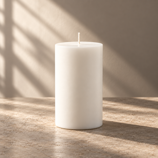 White pillar candle, 7 × 12 cm, in natural daylight.
