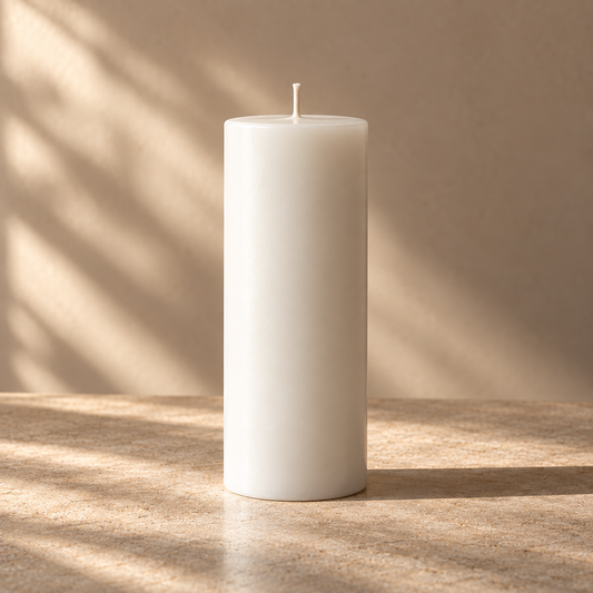 White pillar candle, 7 × 20 cm, in natural light.