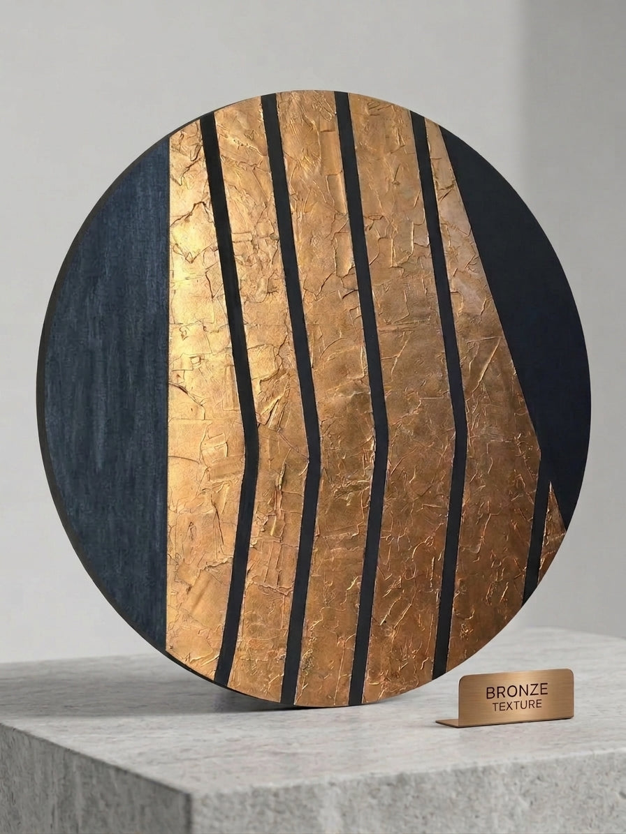 Hareketin Sessizliği round textured mixed-media acrylic artwork in matt black, bronze and anthracite.
