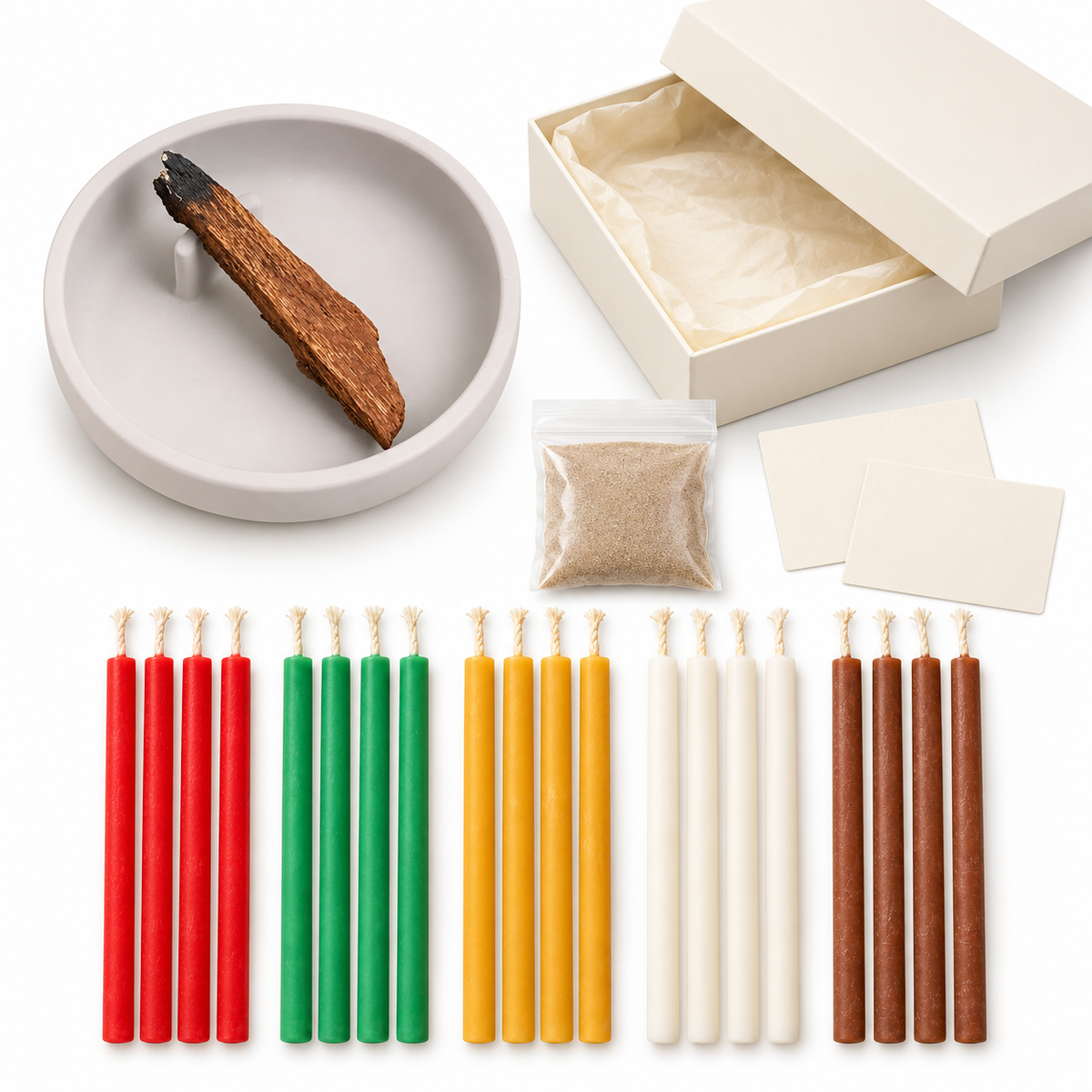 20 renkli mum, beyaz taş dokulu palo santo tabağı, kum paketi, palo santo çubuğu, kartlar ve hediye kutusu