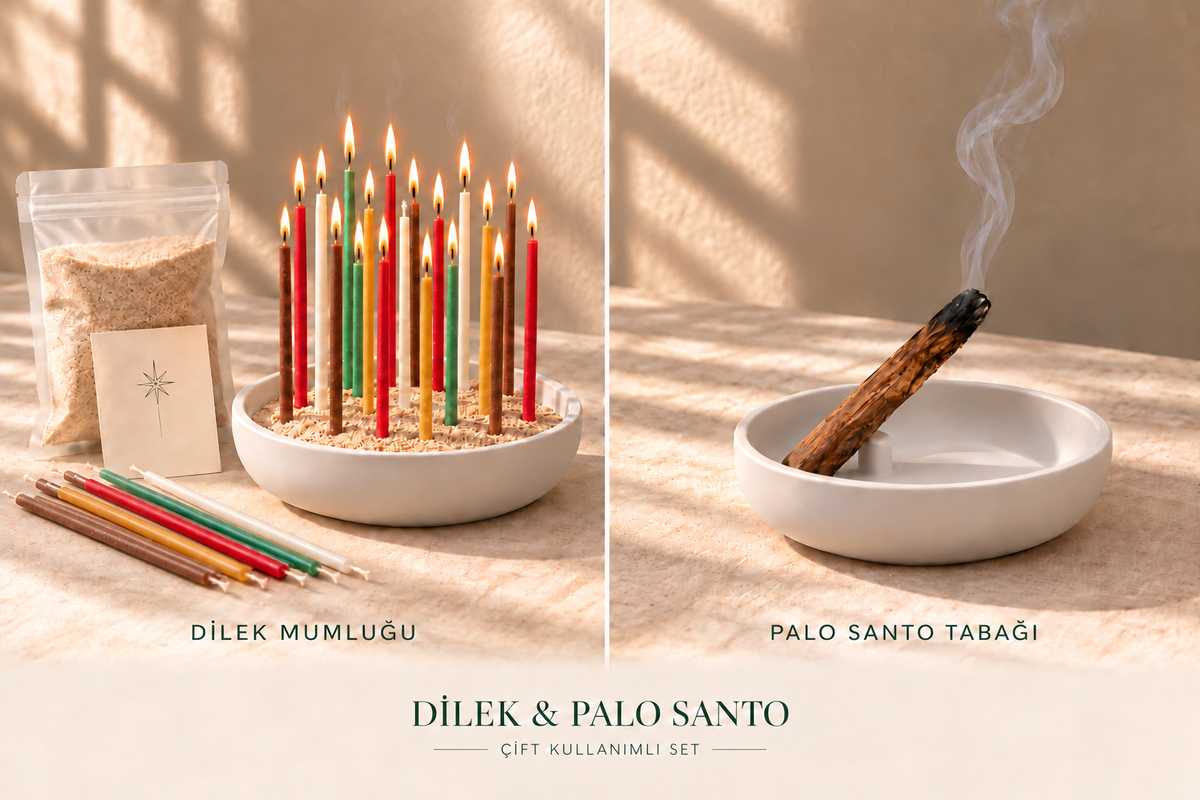 Aynı tabağın kumlu dilek mumluğu ve palo santo tabağı olarak iki ayrı kullanım örneği