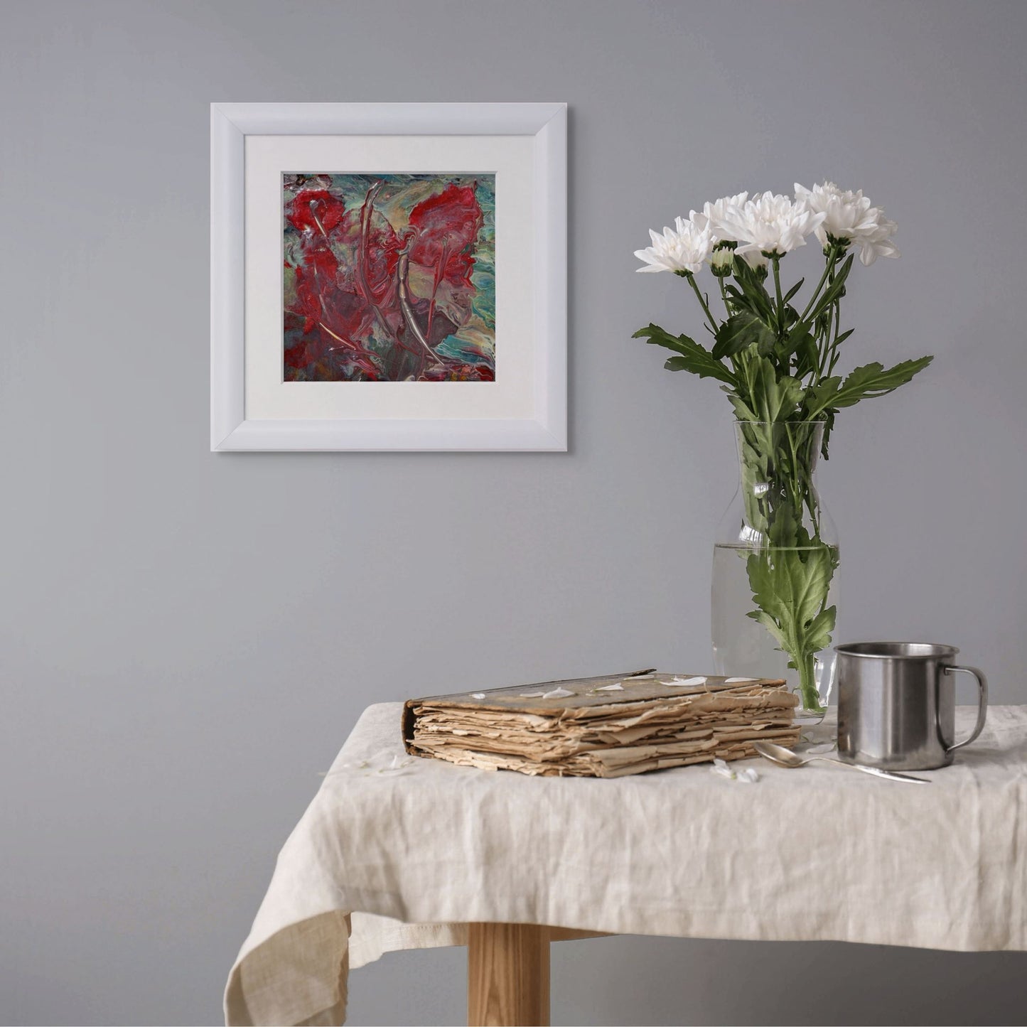 Esinti Soyut El Yapımı Tablo – Beyaz Hazır Çerçeveli, Paspartülü | 24×24 cm