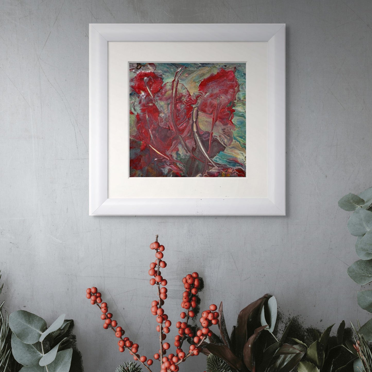 Esinti Soyut El Yapımı Tablo – Beyaz Hazır Çerçeveli, Paspartülü | 24×24 cm