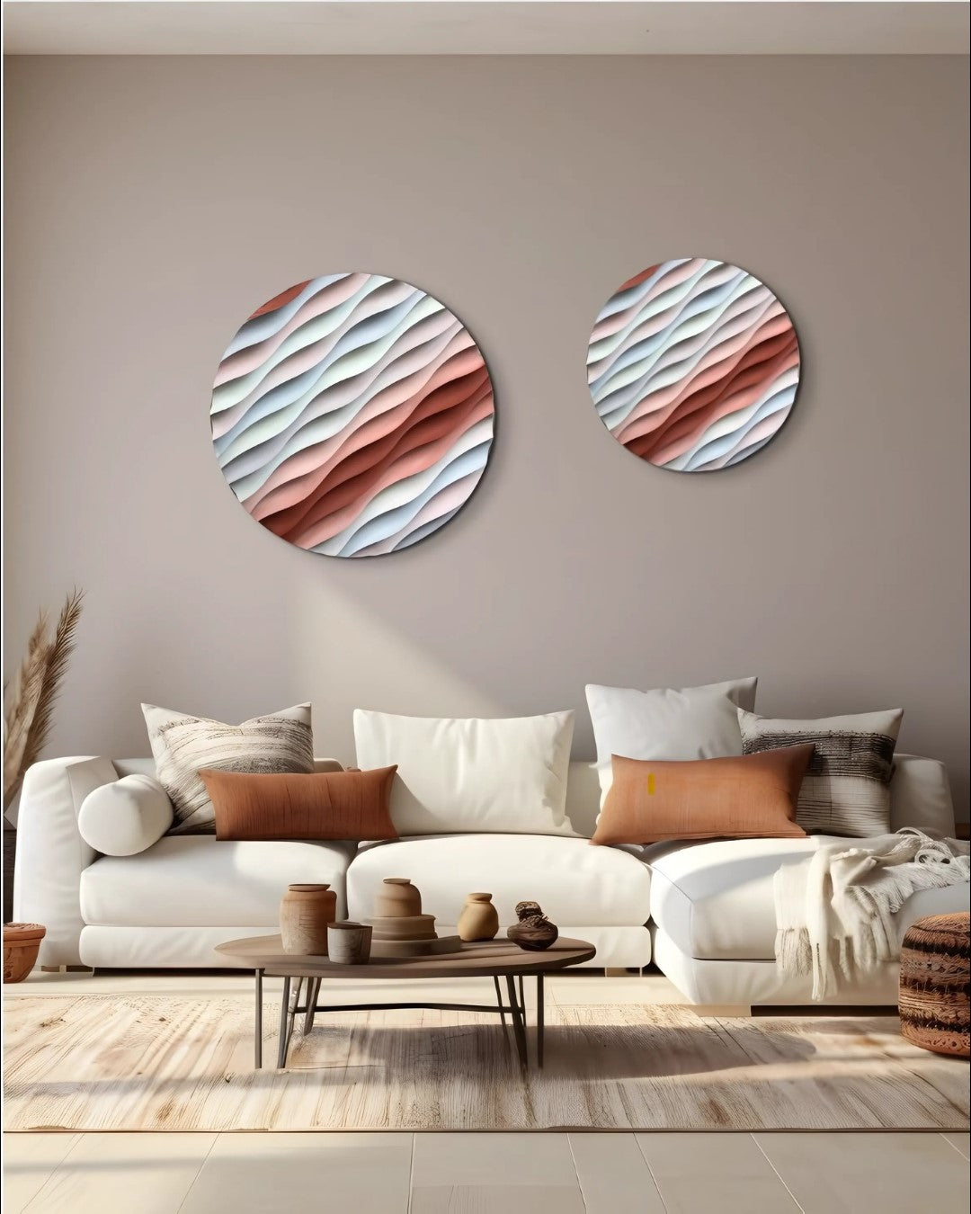 Sakin Dalgalanma – El Yapımı Dokulu Yuvarlak Ahşap Tablo