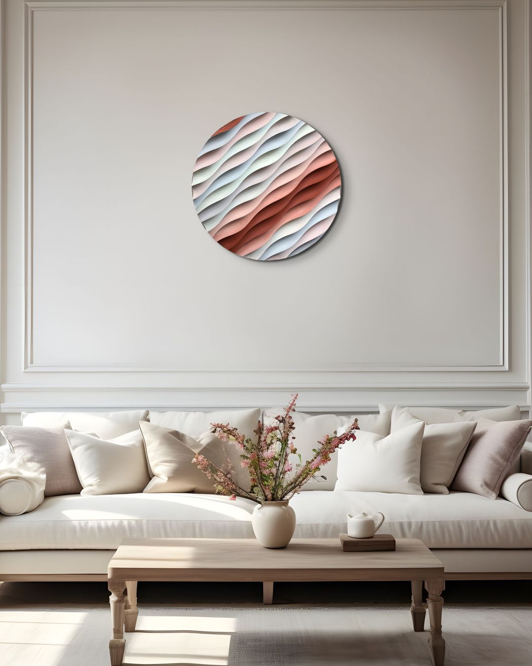 Sakin Dalgalanma – El Yapımı Dokulu Yuvarlak Ahşap Tablo