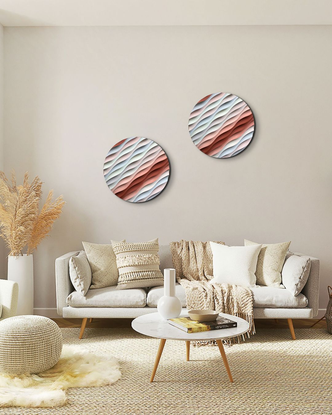 Sakin Dalgalanma – El Yapımı Dokulu Yuvarlak Ahşap Tablo