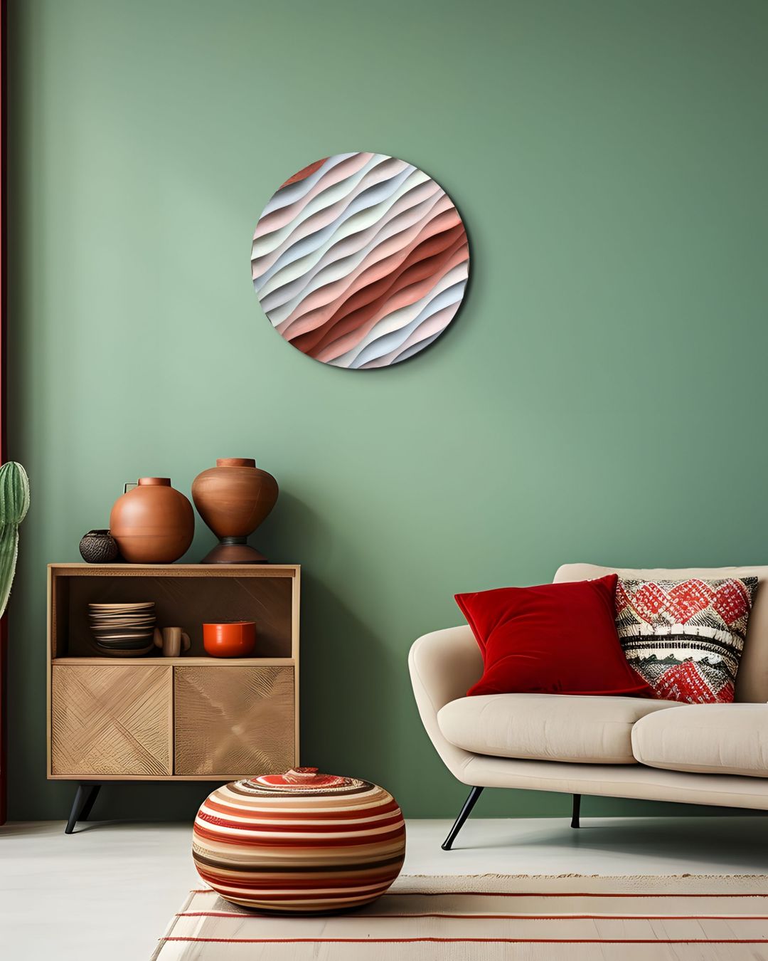 Sakin Dalgalanma – El Yapımı Dokulu Yuvarlak Ahşap Tablo