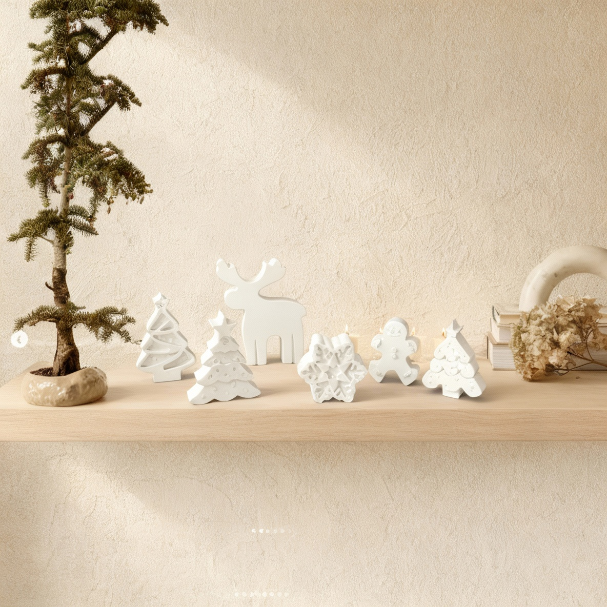 Atelier — Yılbaşı 3D Figür Seti – 3’lü Taş Tozu Dekor | Ren Geyiği, Çam Ağacı, Kar Tanesi