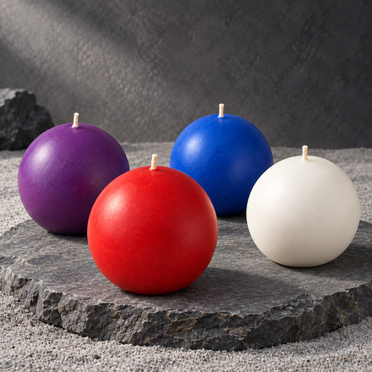 Sphere candle colour options in red, purple, royal blue and white.