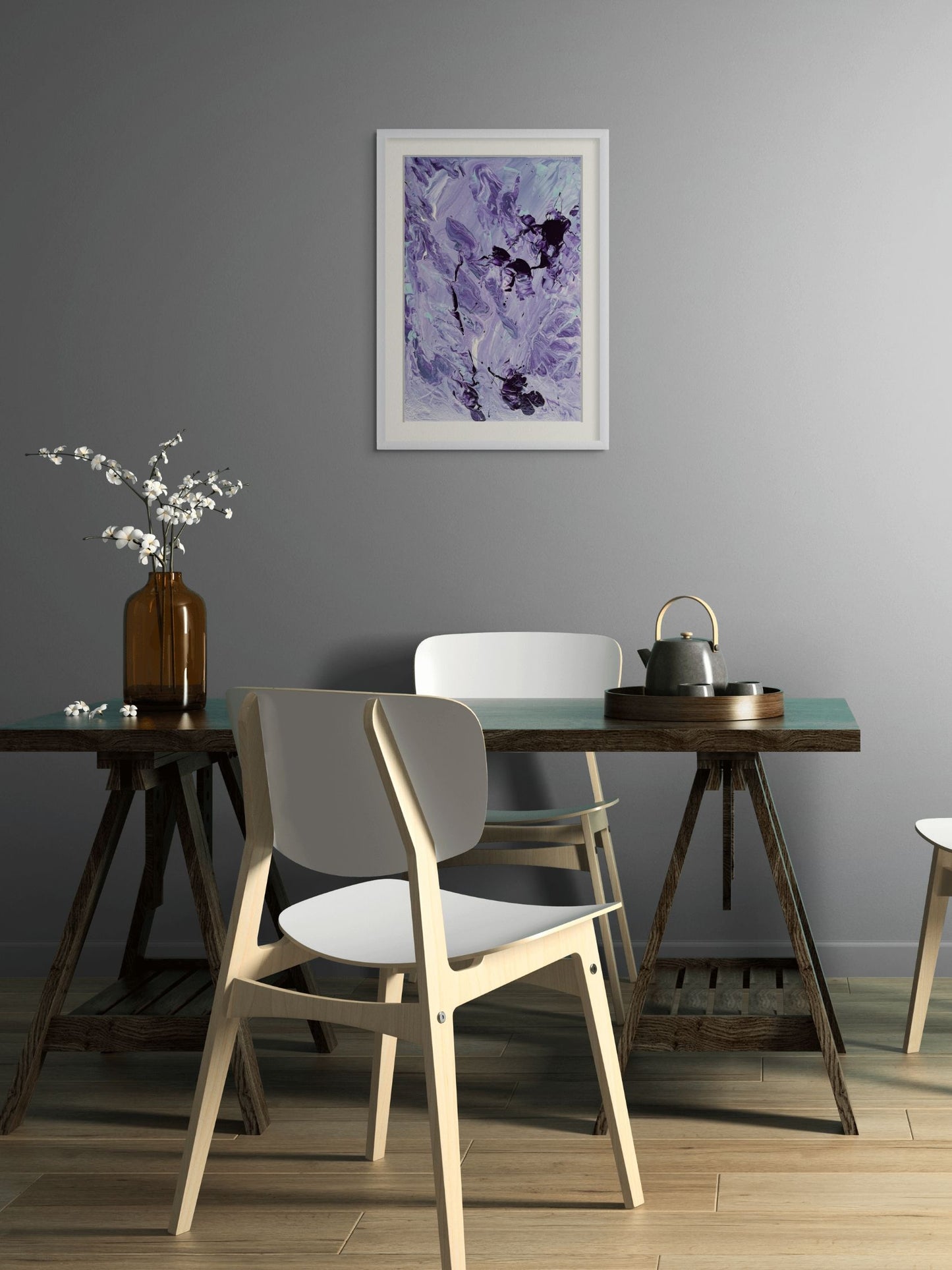 Leyla 2 Soyut El Yapımı Tablo – Beyaz Çerçeveli, Paspartülü | 31×41 cm