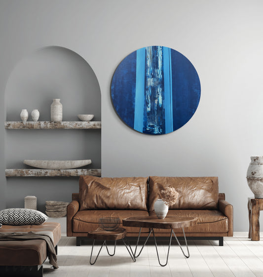 Perde Arası Manzara – Yuvarlak Akrilik Tablo 70 cm (Ahşap Panel, Pouring Detaylı)