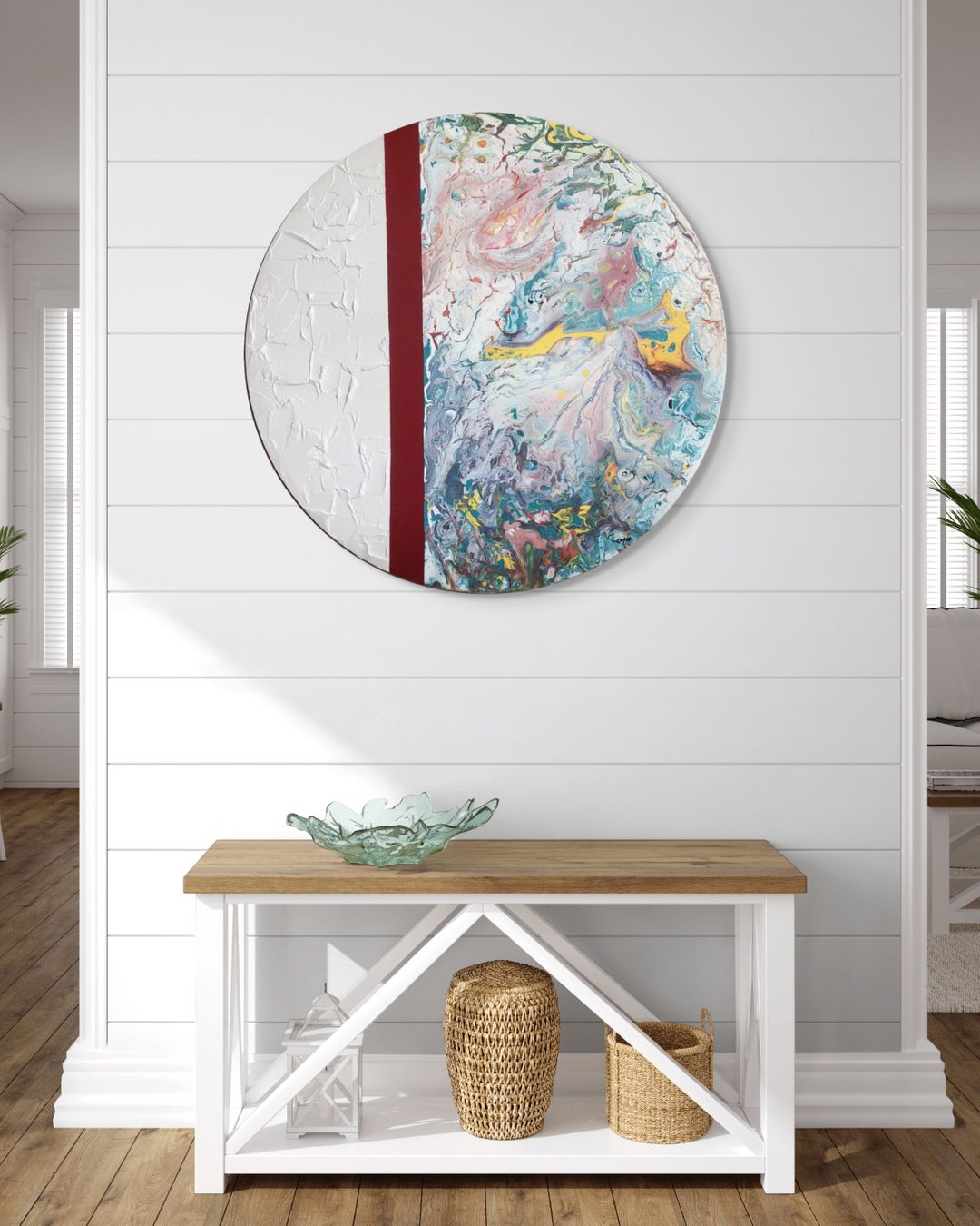 Eşik 1 – 50 cm Yuvarlak, Dokulu & Akrilik Pouring Mix Media Tablo, El Yapımı – Asılmaya Hazır