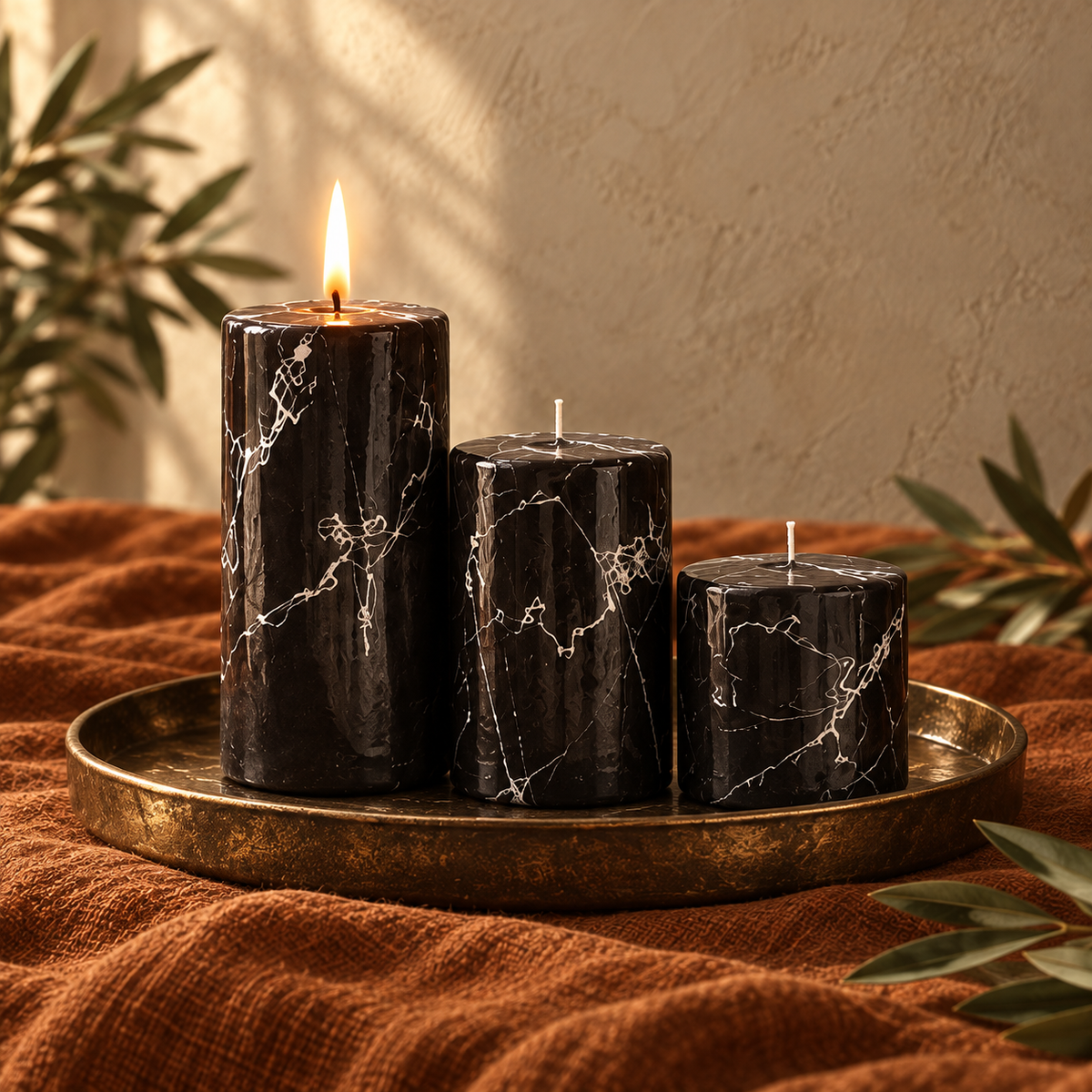 Three black marble-effect pillar candles with a bronze-coloured tray, neutral fabric and warm lighting.