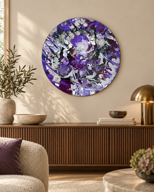 Summer II 40 cm round abstract acrylic artwork on a light-coloured console.
