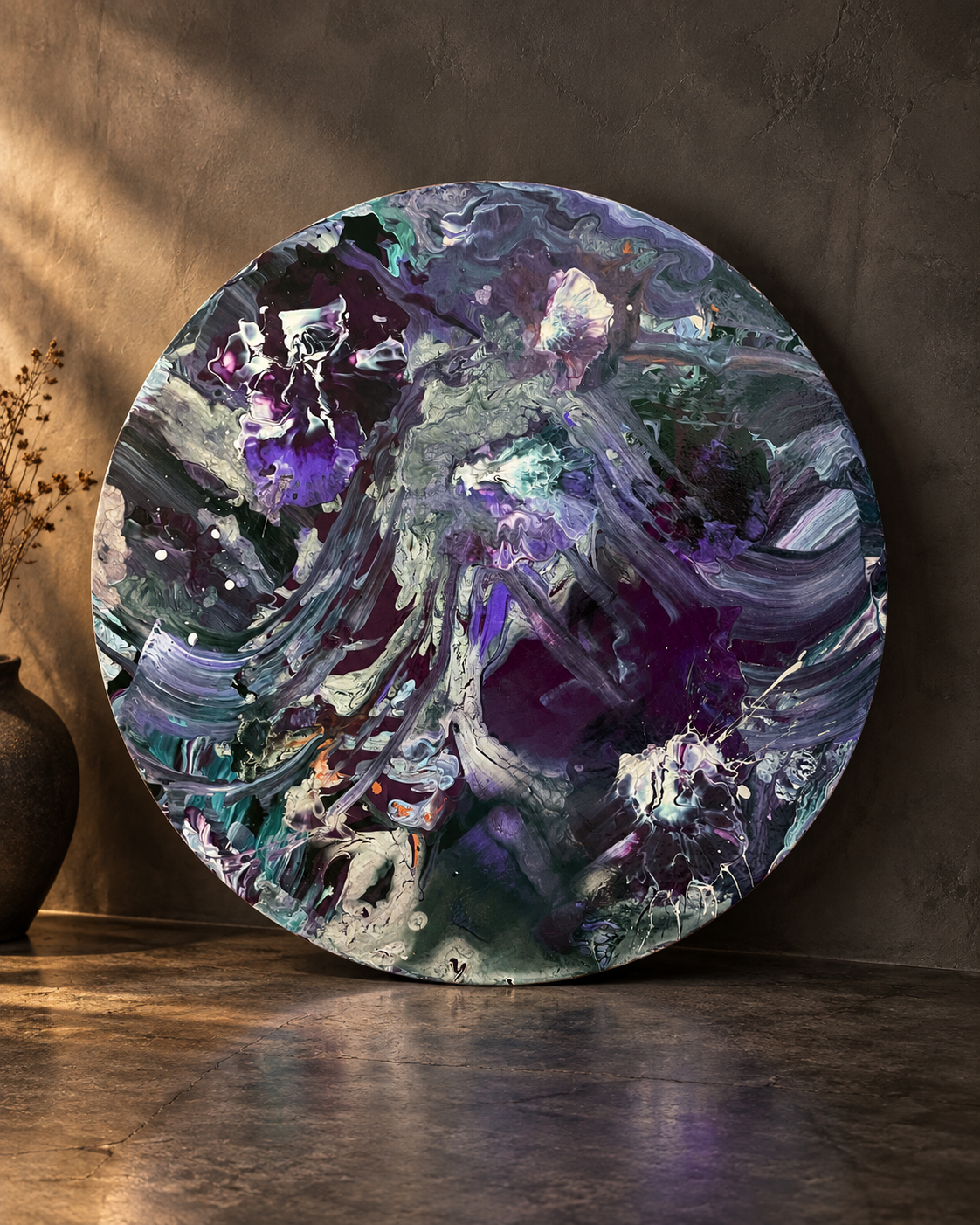 Summer III 50 cm yuvarlak soyut akrilik tablo, koyu ortamda karşıdan görünüm