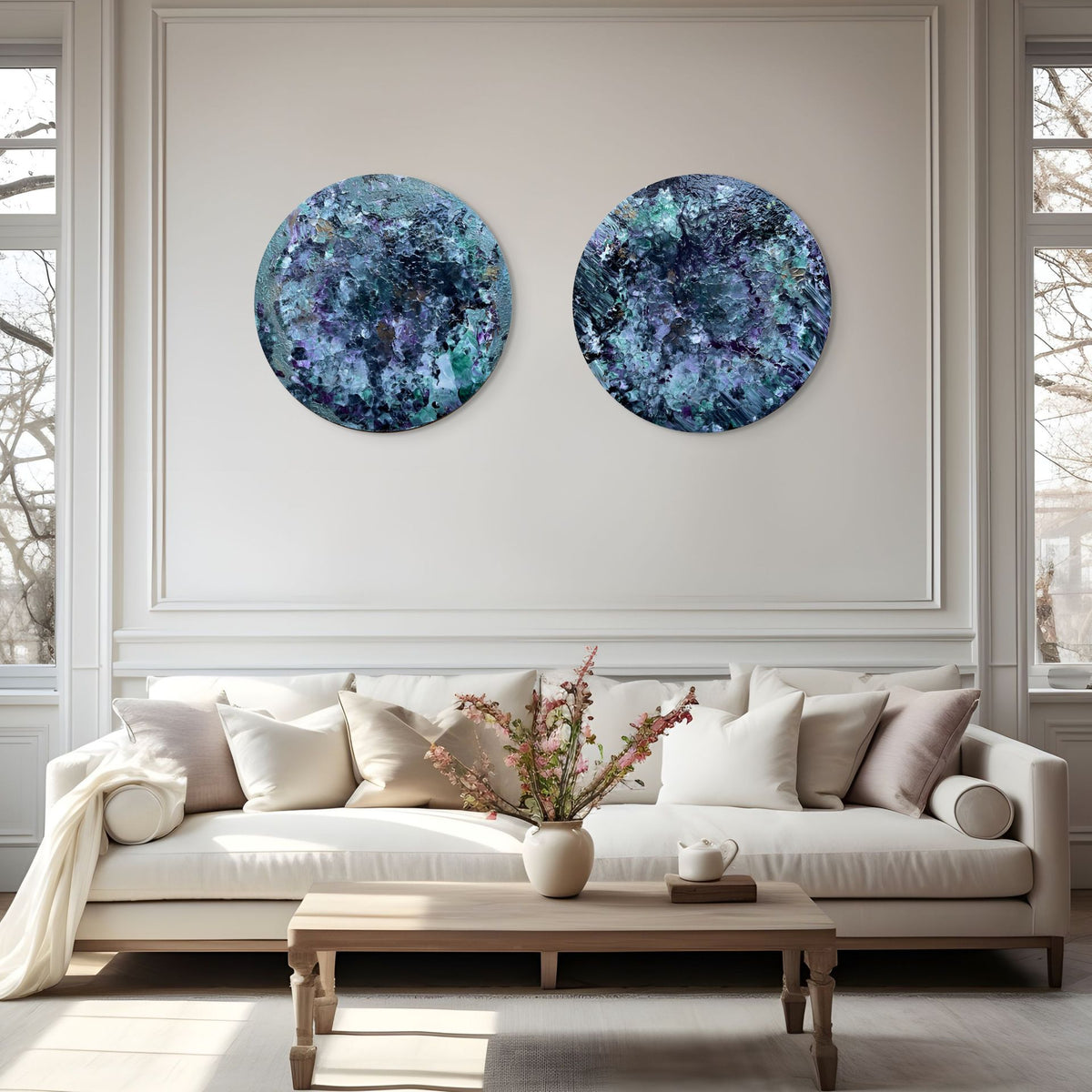 Vadi Serisi I–II – 2’li Set | 50 cm El Yapımı İmzalı Yuvarlak Soyut Tablo (Diptych) | ES Artisan Studio